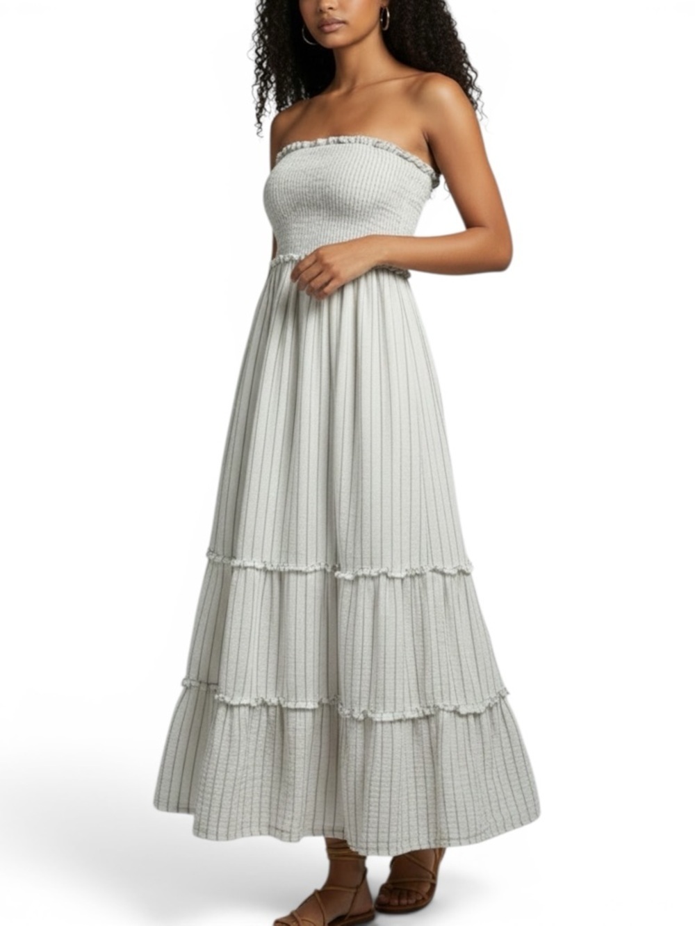 4our Dreamers Strapless Smocked Tiered Maxi Dress White Boho M